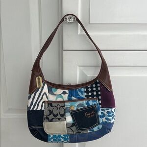 Coach Denim Patchwork Shoulder Bag in Navy, Blue & Brown